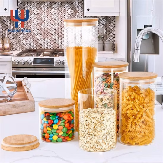 Стеклянная банка, банка для пищевых продуктов, стеклянные контейнеры для хранения пищевых продуктов. Стеклянная банка для хранения с герметичными бамбуковыми крышками. Кухонные стеклянные канистры для кофе, муки, сахара, конфет, печенья.