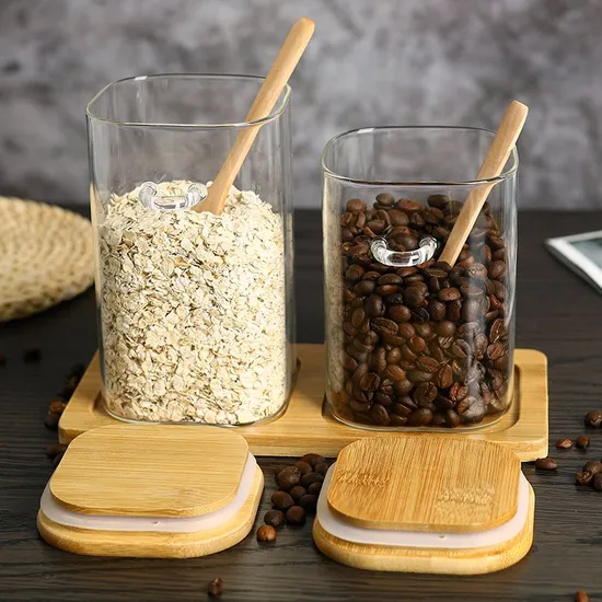 Heat Resistant Storage Square Glass Jar with Airtight Bamboo Lid